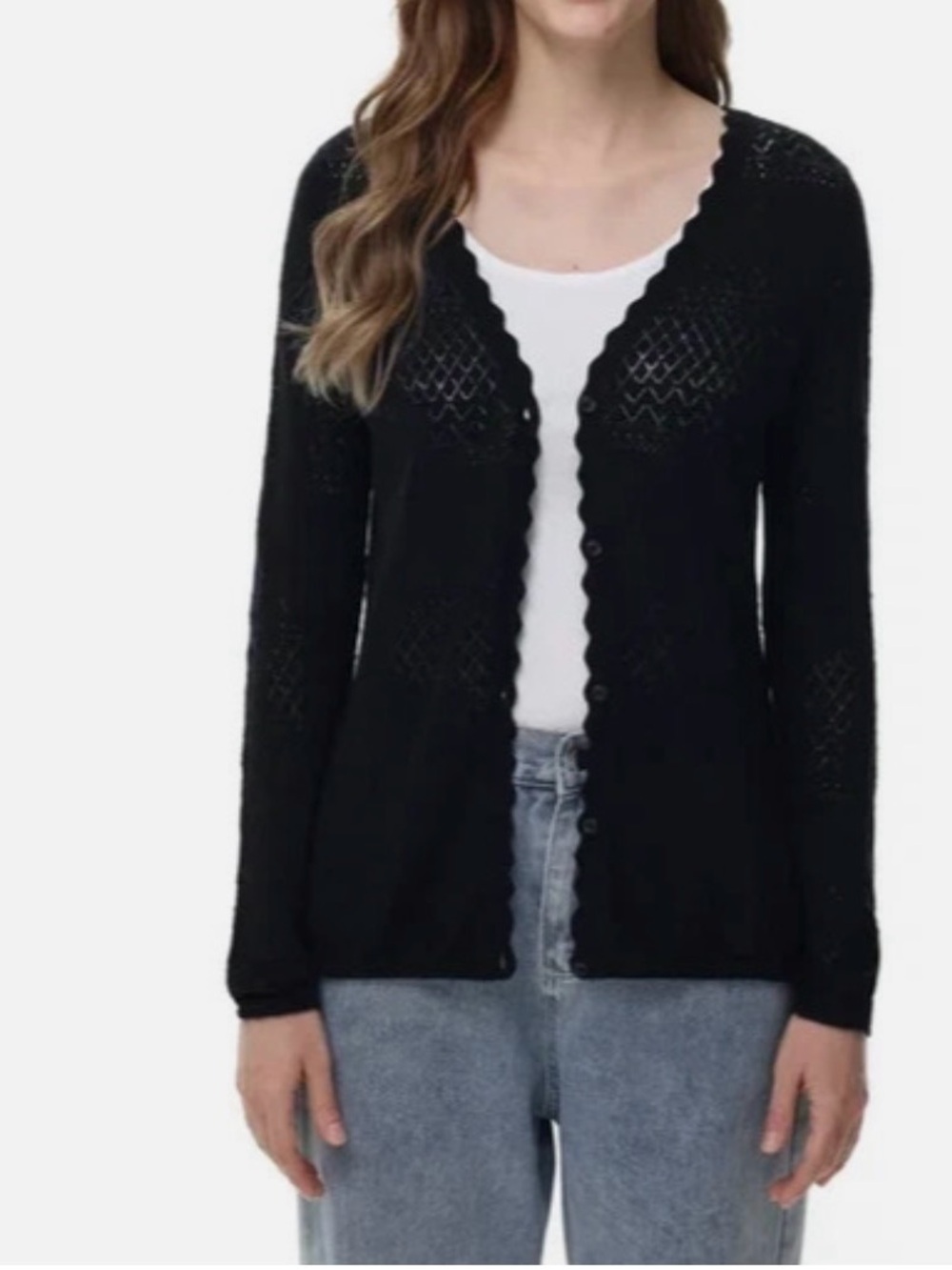 Frye pointelle Black Scalloped-Edge Knit Cardigan